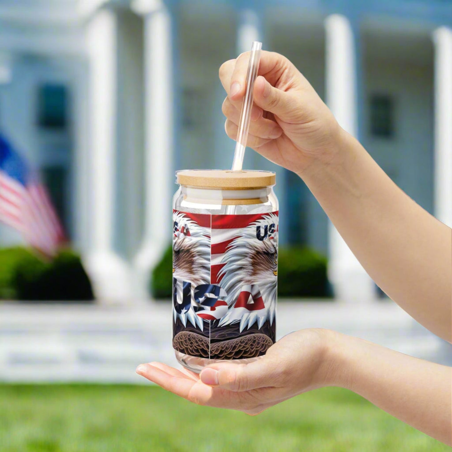 💥Patriotic 💥 USA 💥 Bald Eagles 💥 16oz 💥 Sipper Glass💥 with BPA-Free Tritan Straw & 💥 Bamboo Lid 💥