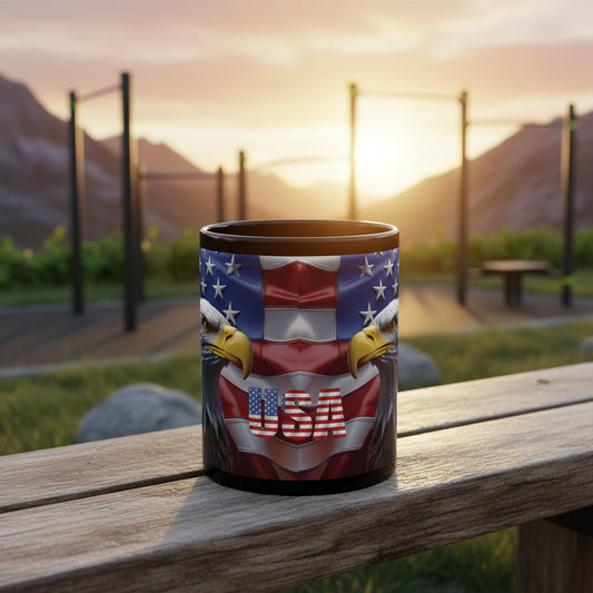 Coffee mug with an American flag backdrop design featuring bald eagles with a scenic background.