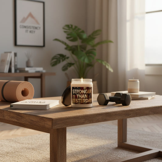 Scented Soy 9oz Candles - Stronger Than Yesterday Print - Vintage American Flag Background - Red White & Blue