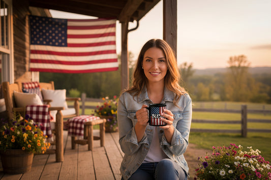 Black mug with vintage American flag design and 'BLESSED' text.