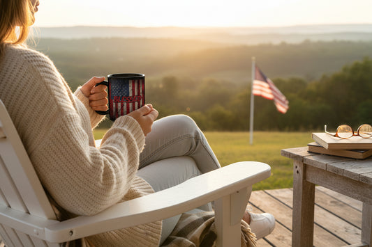 Person sitting in a chair holding a mug with an American flag design, looking at a scenic view with a flag in the background.