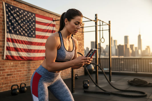 Woman on a rooftop using a smartphone with an American flag and city skyline in the background.