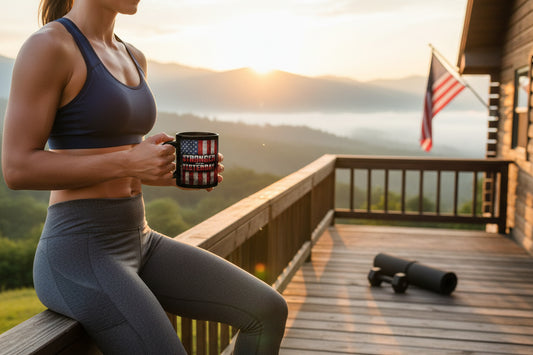 A woman in athletic wear holding a mug that says Stronger Than Yesterday with a vintage American flag backdrop with a scenic view of mountains and sunrise.