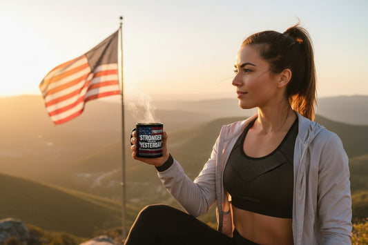 A woman holding a coffee mug that says Stronger Than Yesterday with a scenic background and American flag.