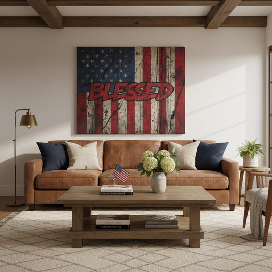 Living room with a brown sofa, wooden coffee table, and gallery-wrapped 'Blessed' vintage American flag canvas wall art.