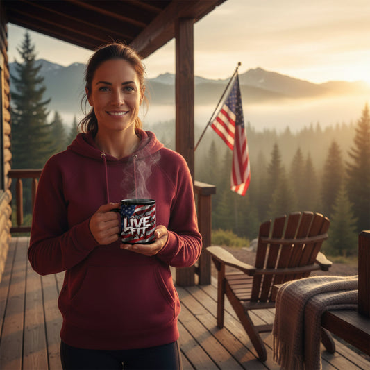 Stylish Black Ceramic Mug - LIVE FIT Design - American Flag Backdrop - Red White Blue - Fitness