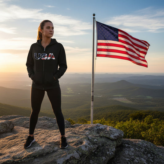 Black zip-up hoodie with 'USA' design in front of an American flag.