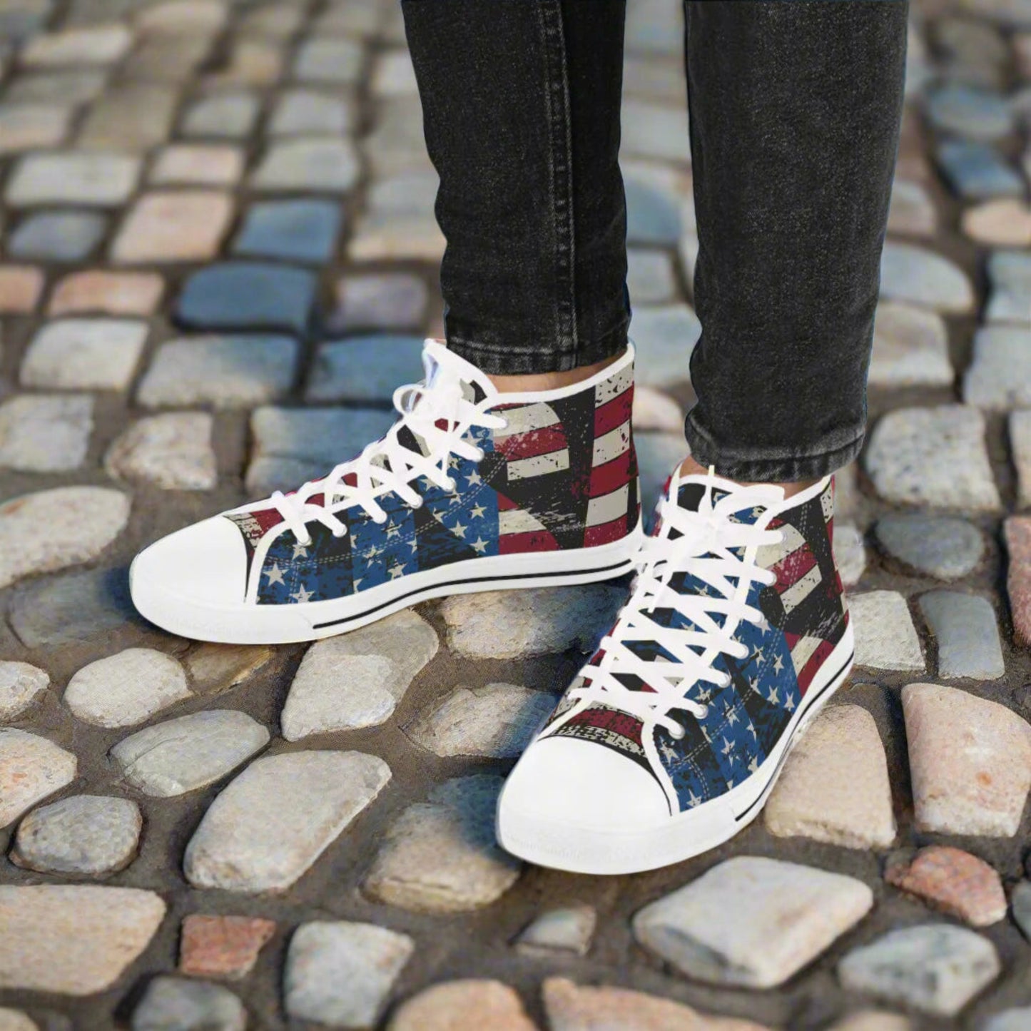 💥USA 💥 Red White & Blue 💥Unisex 💥 High Top Sneakers 💥 Patriotic Vibe 💥 Full Wrap Around Print 💥