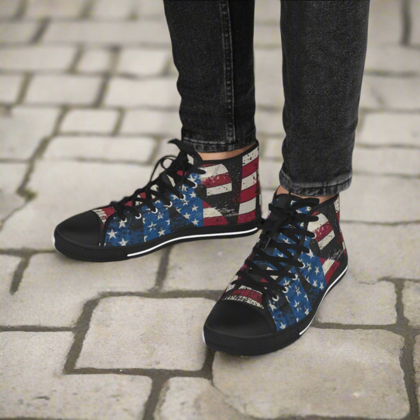💥USA 💥 Red White & Blue 💥Unisex 💥 High Top Sneakers 💥 Patriotic Vibe 💥 Full Wrap Around Print 💥