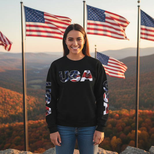 Person wearing a black sweatshirt with 'USA' printed on it, standing in front of an American flag background.