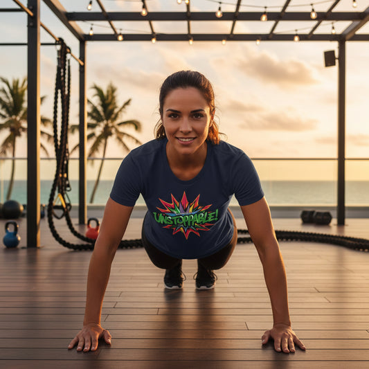 Navy blue t-shirt with a colorful 'Unstoppable!' design.