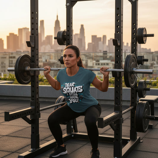 Woman exercising wearing a t-shirt that says Dear Squats I Still Hate You! with a barbell on a rooftop with a city skyline in the background.