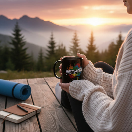 Black mug with an 'UNSTOPPABLE' design on a wooden table with a blurred background.