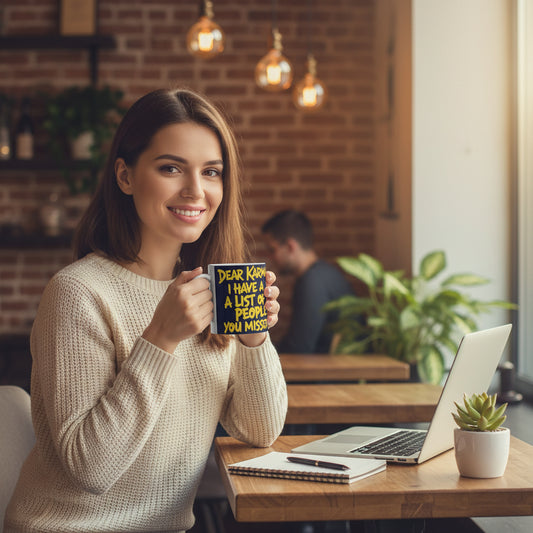 Mug with text 'Dear Karma I have a list of people you missed' against a natural background.