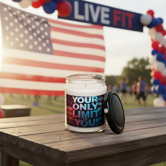 Candle with the motivational label Your Only Limit Is You! on a wooden table with an American flag and a 'Live Fit' banner in the background.