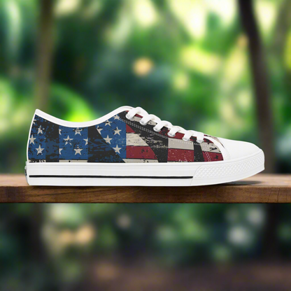 Eye-Catching - All Over Print - USA - Red White & Blue - Low Top Sneakers - Choice of White Sole - or Black Sole
