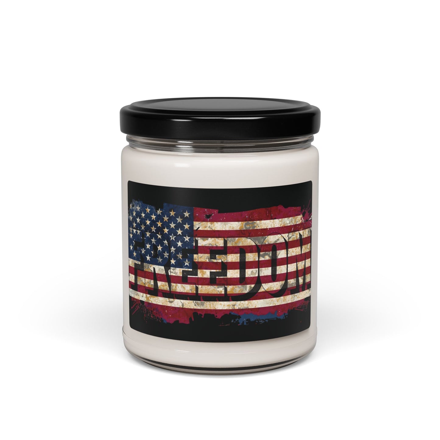 Freedom Scented Soy Candle - Vintage American Flag Red White & Blue Backdrop - Eco-Friendly - 50-60 Hours Burning Time - Reusable Glass Vessel -