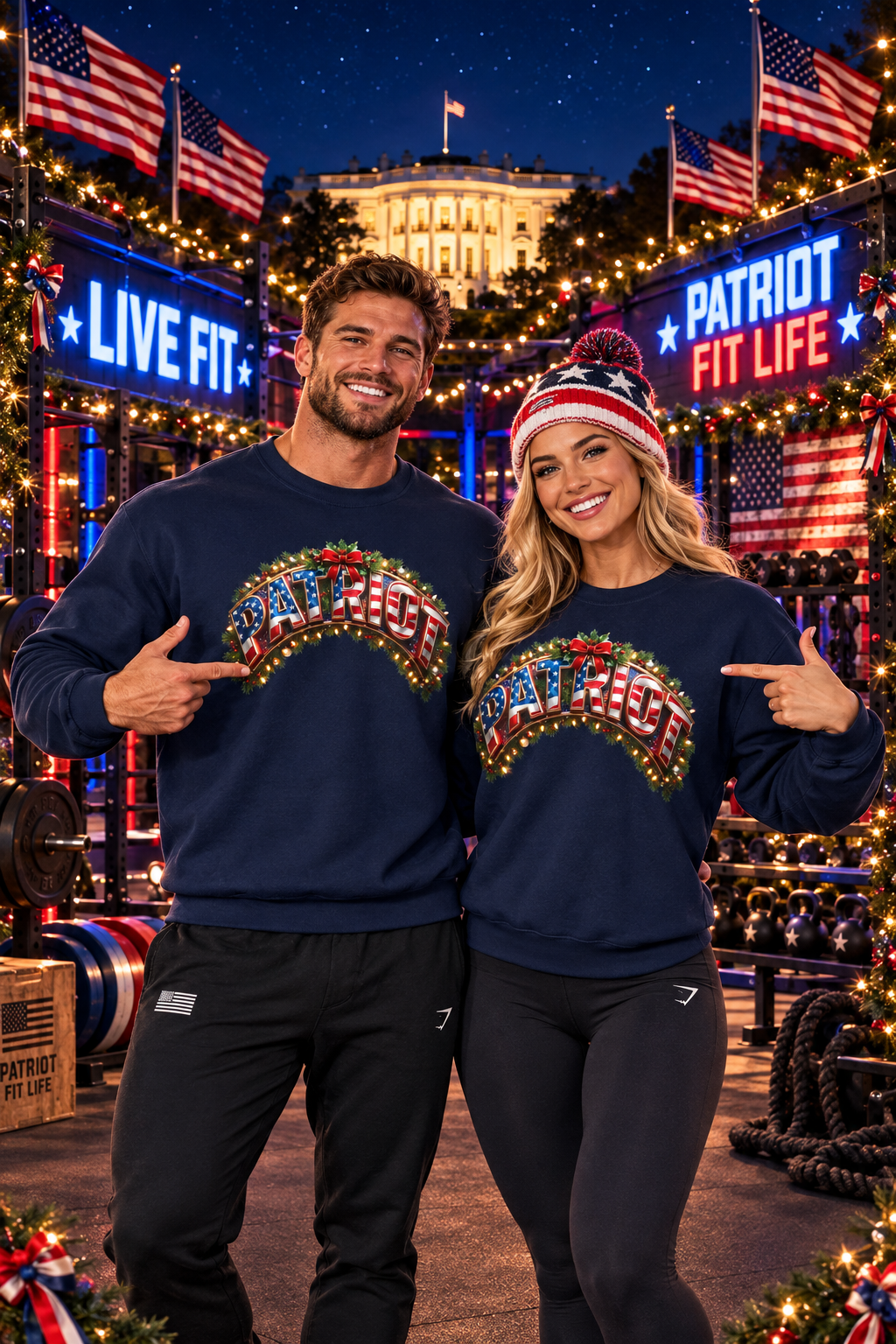 A man and a woman pose together in front of a festive patriotic backdrop featuring the White House, American flags, and neon signs. Both are wearing matching navy blue crewneck sweatshirts with a colorful 'PATRIOT' graphic across the chest, paired with black athletic pants.