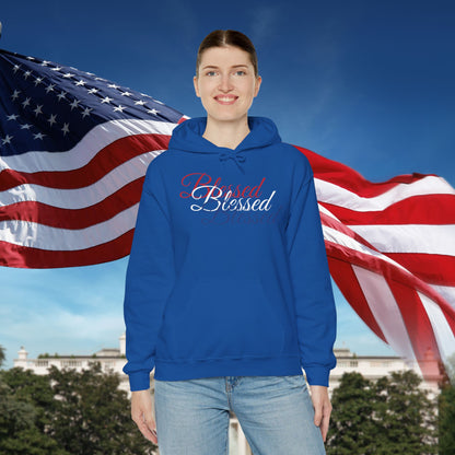 Blessed Hoodie – Patriotic Red, White & Blue Unisex Pullover Sweatshirt with Front & Back Print – Cozy, Positive Vibes Gift