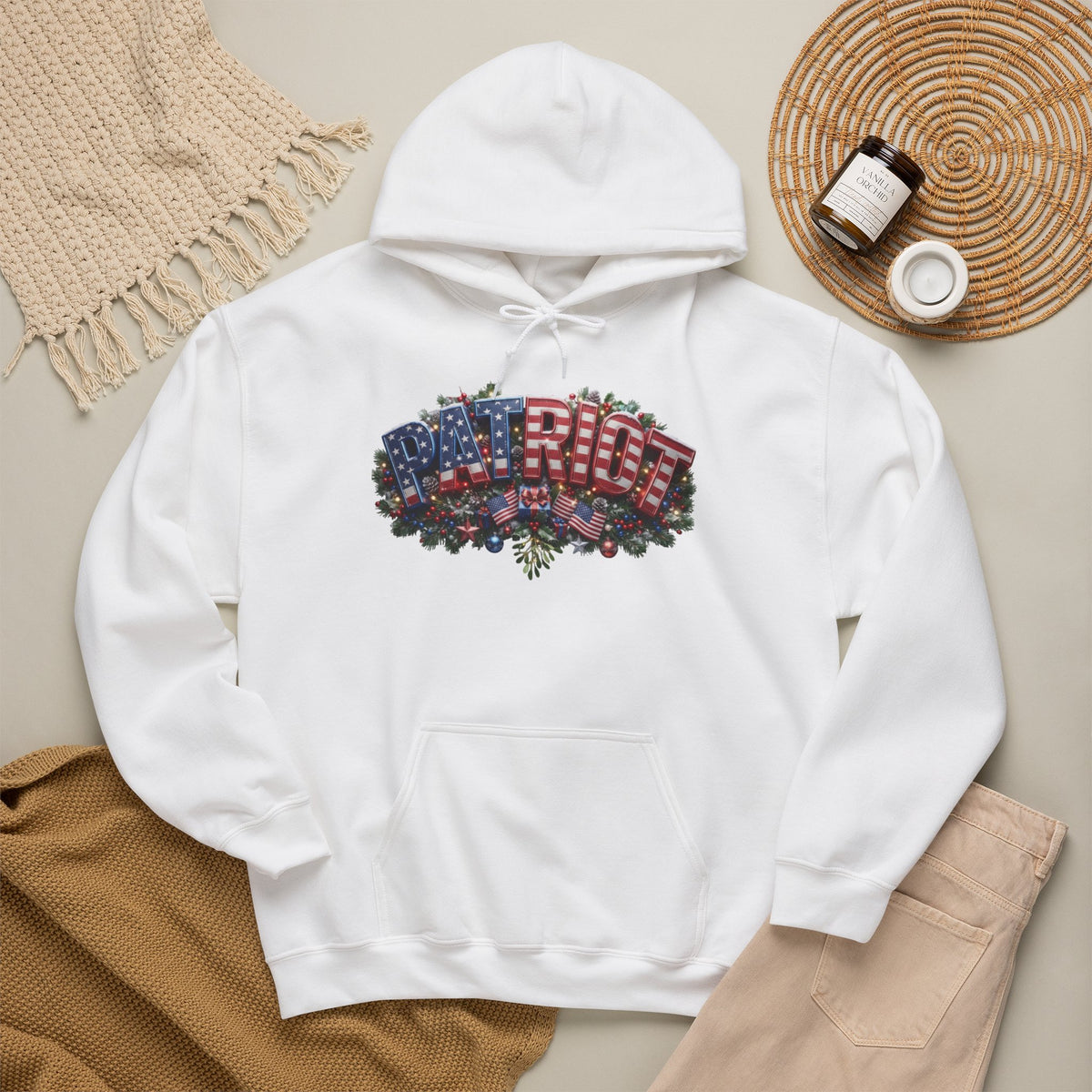 Patriot Christmas Hoodie - Arched PATRIOT Flag & Wreath Americana Graphic | Unisex S-5XL
