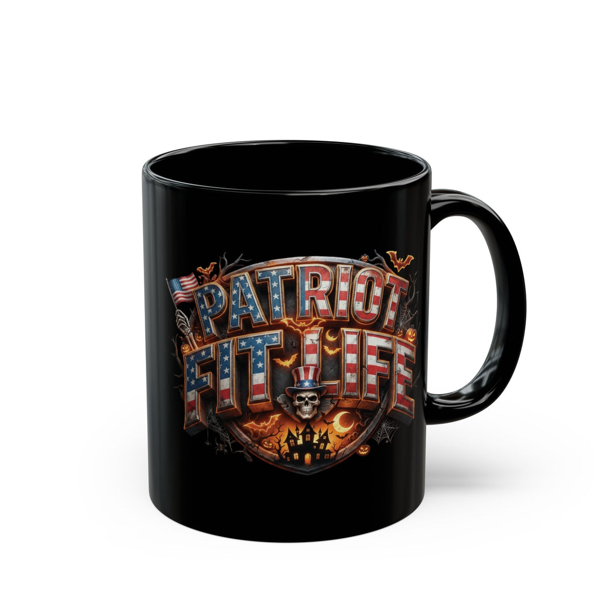 A black ceramic mug with a colorful, patriotic, Halloween-themed graphic design on the front that reads PATRIOT FIT LIFE set against a plain white background.