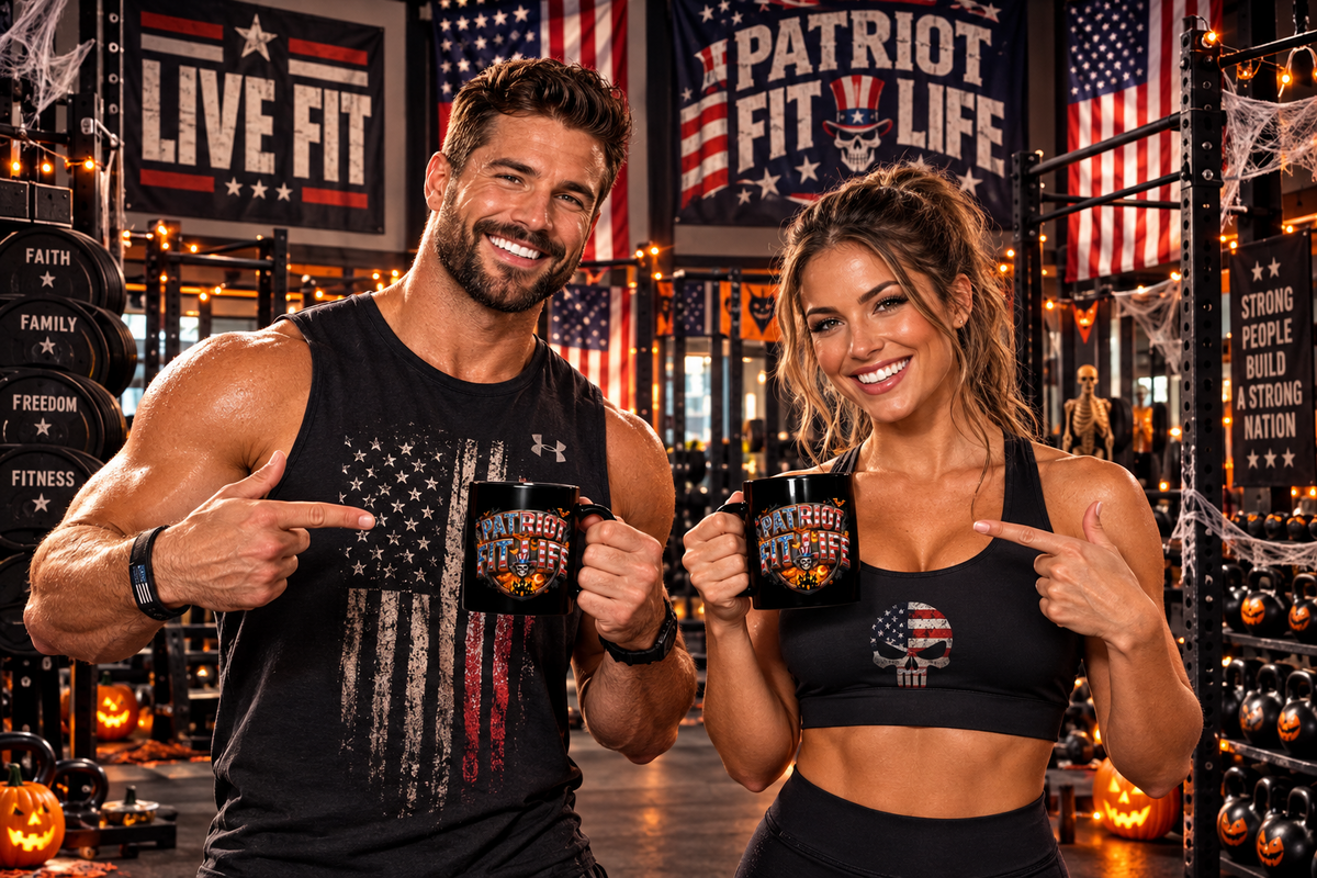 Patriot Fit Life Halloween Coffee Mug - Skull Crest Haunted Flag Graphic | Gothic Edition | 11oz & 15oz