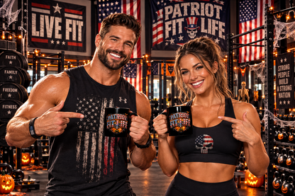 Patriot Fit Life Halloween Coffee Mug - Skull Crest Haunted Flag Graphic | Gothic Edition | 11oz & 15oz