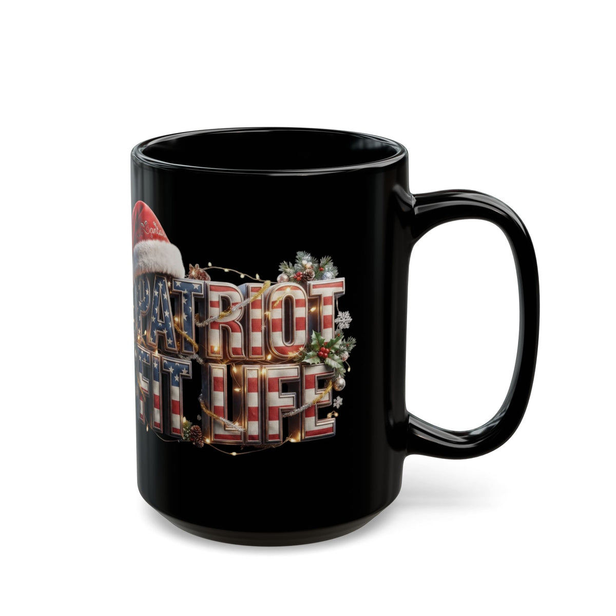 Patriot Fit Life Christmas Coffee Mug - Santa Hat Flag Lettering | 11oz & 15oz