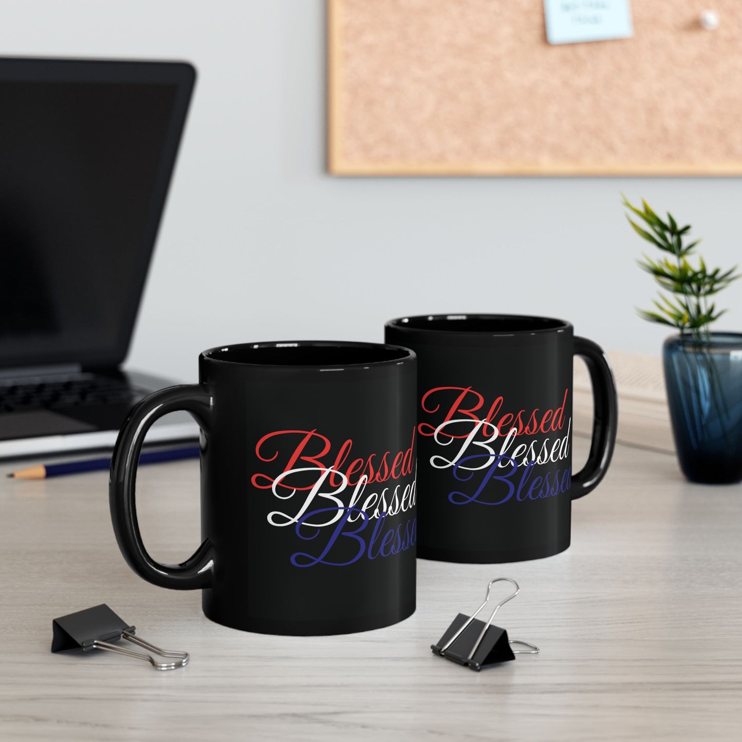 Ceramic Black Mug -  11oz - 15oz - Blessed Red White & Blue Print - American Flag Colors - Ideal for Veterans Day and Independence Day