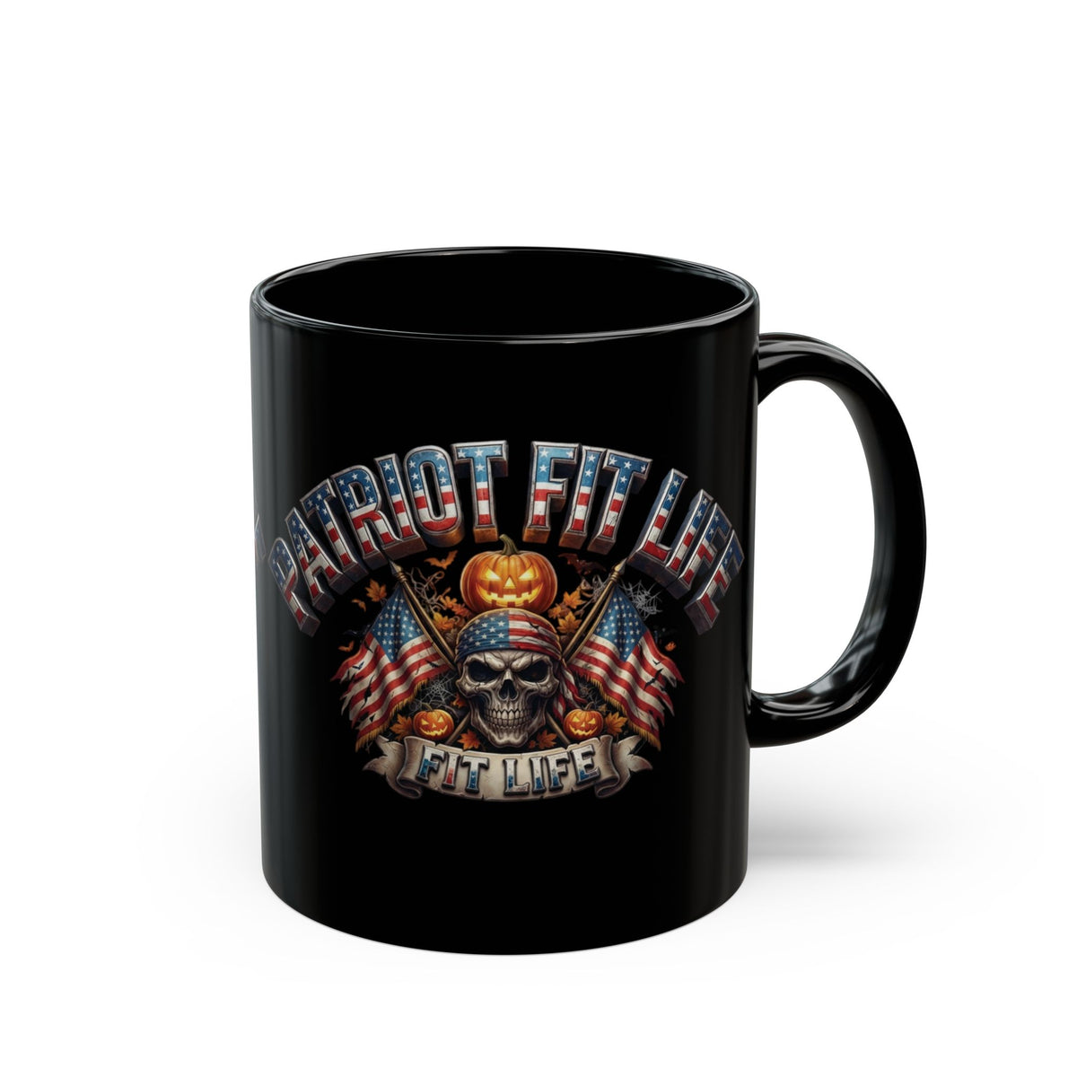 Patriot Fit Life Halloween Coffee Mug - Skull Crossed Flags & Pumpkins | Warrior Edition | 11oz & 15oz