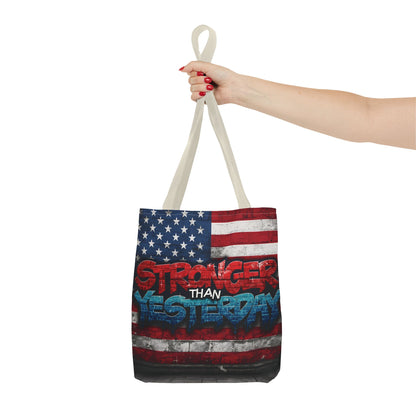 Patriotic Red White Blue Tote Bag - Stronger Than Yesterday - American Flag - Perfect for Fourth of July - Gym - Beach - Shopping - Gifts