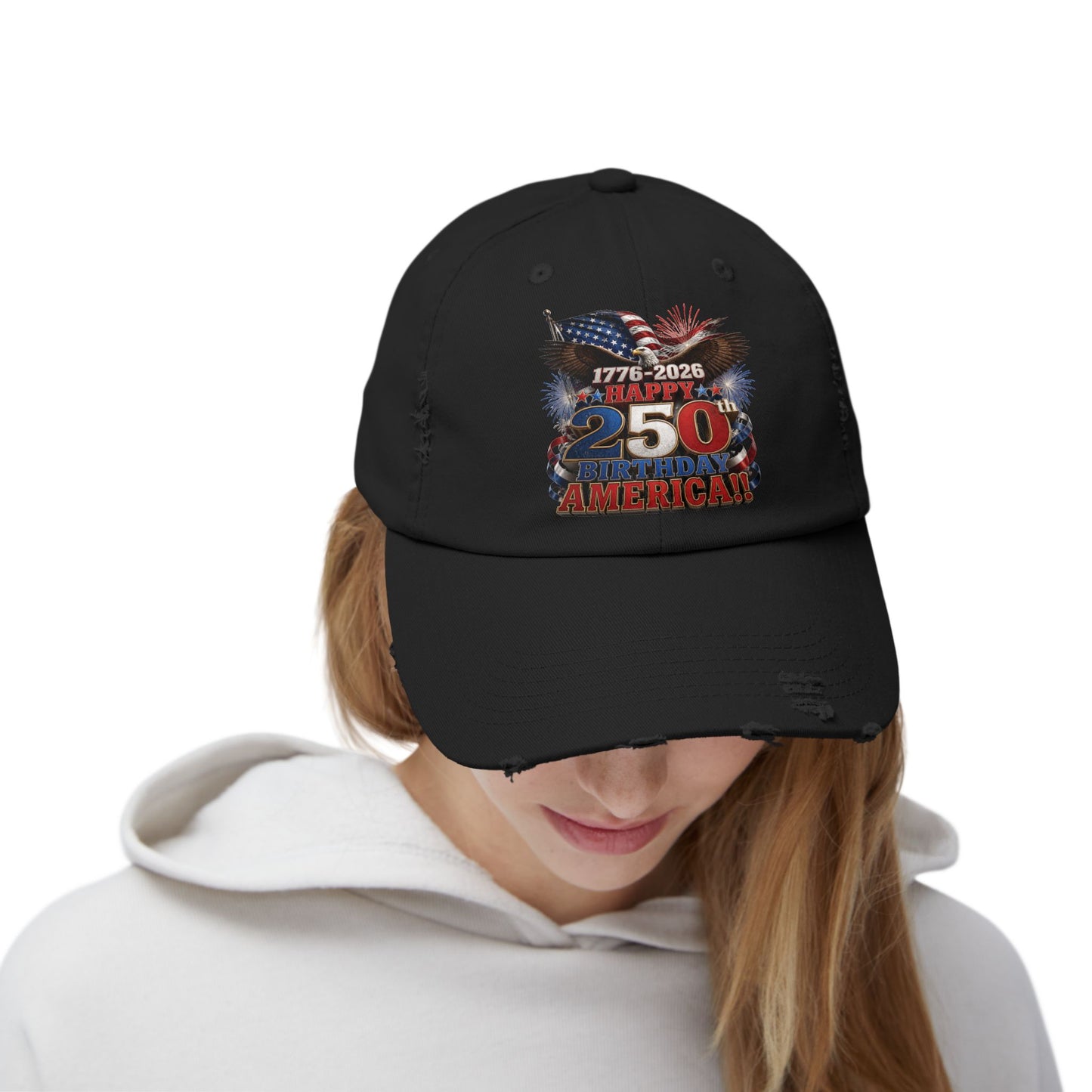 250th American Flag Fireworks Distressed Cap — 1776-2026 Patriotic Hat