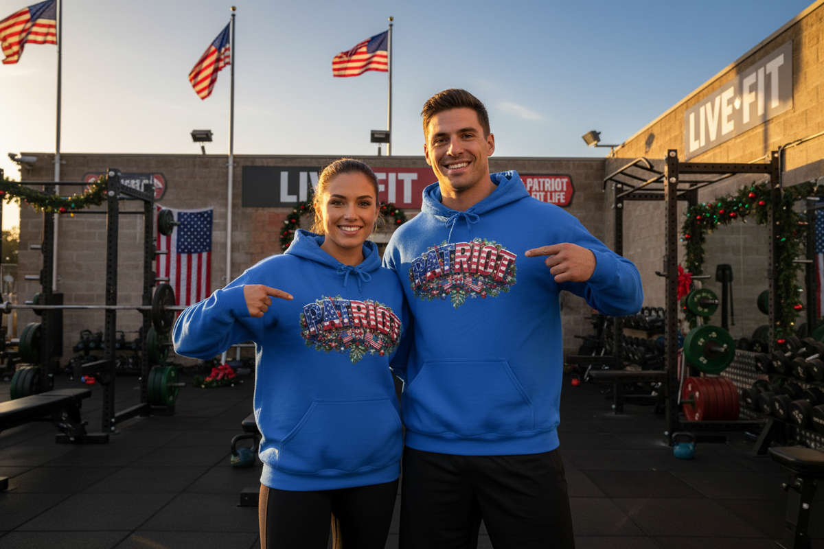 A man and a woman standing in a gym wearing matching bright blue hoodies with a Christmas vibe PATRIOT red, white, and blue text graphic design across the chest. The background shows weight equipment, American flags, and a building with 'LIVE-FIT' signage.
