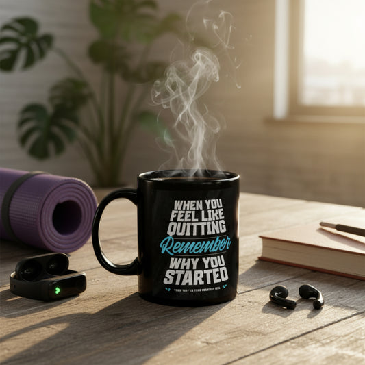 Motivational - Black Ceramic Mug - When You Feel Like Quitting Remember Why You Started Design - Sizes - 11oz - 15oz - Holiday Gift - Fitness