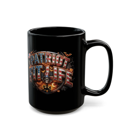 Patriot Fit Life Halloween Coffee Mug - Skull Crest Haunted Flag Graphic | Gothic Edition | 11oz & 15oz