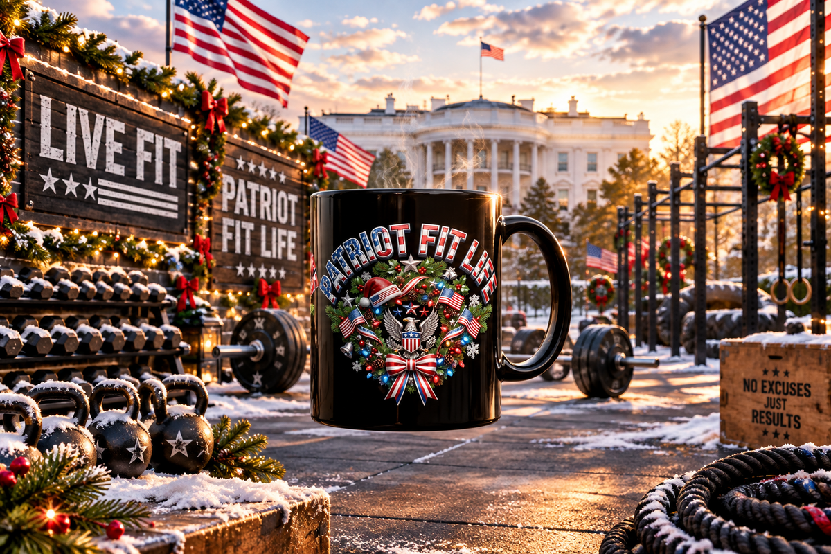 Patriot Fit Life Christmas Coffee Mug - Eagle Wreath with Flags, Lights & Stars Bow | 11oz & 15oz