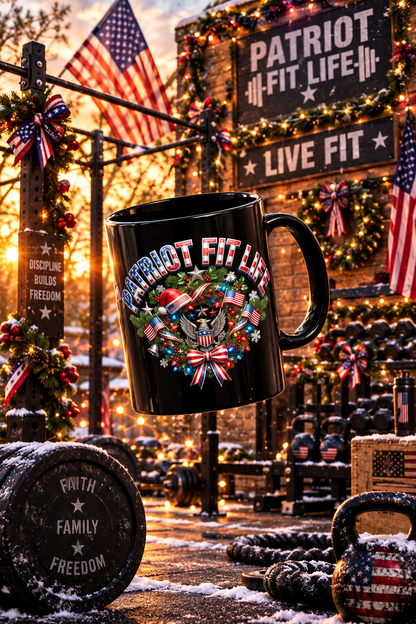 Patriot Fit Life Christmas Coffee Mug - Eagle Wreath with Flags, Lights & Stars Bow | 11oz & 15oz
