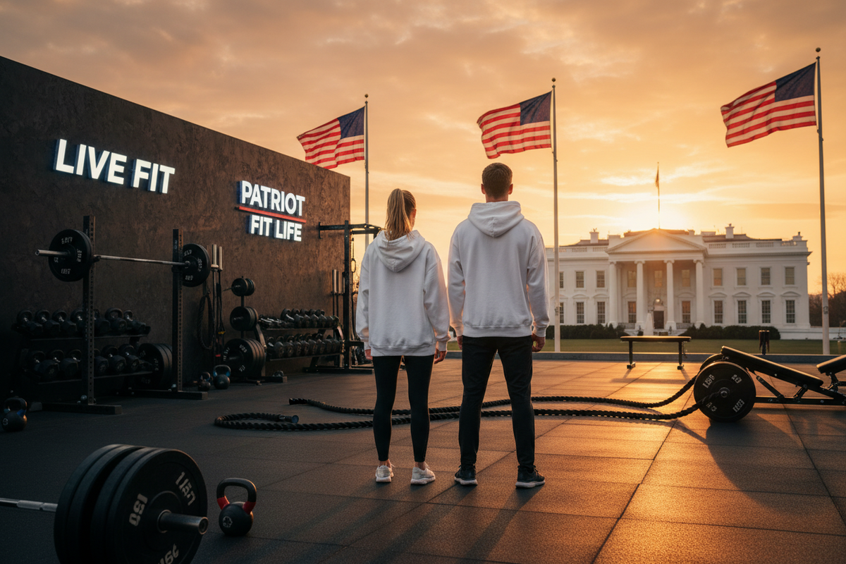 Two people standing on a gym floor at sunset, facing the White House, with American flags and a dark wall reading 'LIVE FIT' and 'PATRIOT FIT LIFE' behind them. Exercise equipment is visible around them.