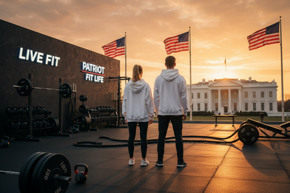 Two people standing on a gym floor at sunset, facing the White House, with American flags and a dark wall reading 'LIVE FIT' and 'PATRIOT FIT LIFE' behind them. Exercise equipment is visible around them.