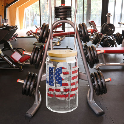💥 USA Pride 💥 16 oz 💥 Clear 💥 Tempered 💥 Sipper Glass 💥Gasket-Push Bamboo Lid 💥