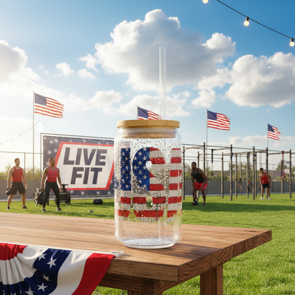 USA Pride  16 oz  Clear  Tempered  Sipper Glass Gasket-Push Bamboo Lid