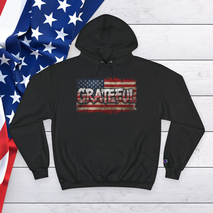 Champion Hoodie - Grateful American Flag - Red White Blue Backdrop