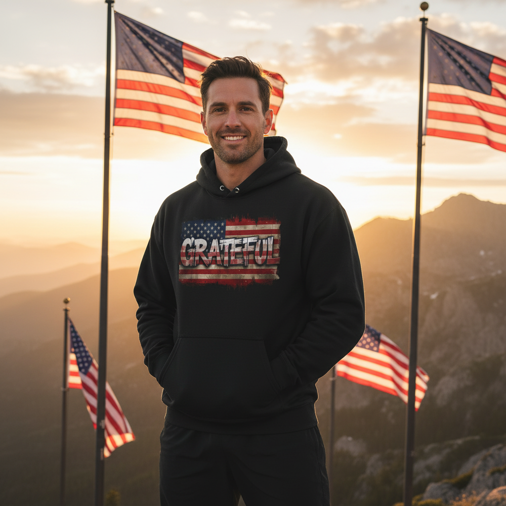 Champion Hoodie - Grateful Vintage American Flag Design - Red White Blue Backdrop - S - 3XL