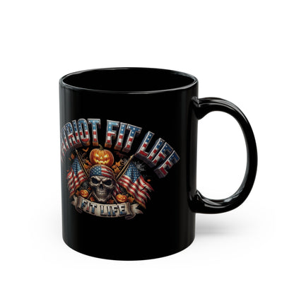 Patriot Fit Life Halloween Coffee Mug - Skull Crossed Flags & Pumpkins | Warrior Edition | 11oz & 15oz