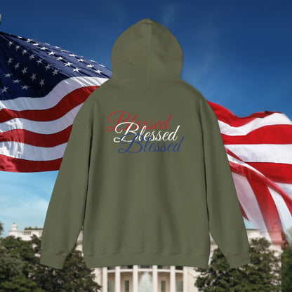 Blessed Hoodie – Patriotic Red, White & Blue Unisex Pullover Sweatshirt with Front & Back Print – Cozy, Positive Vibes Gift