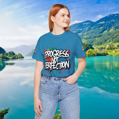 💥 Vibrant   💥   Eye-catching   💥   Motivational    💥 All  Over Print   💥 Unisex T-shirt  💥   Progress  Not  Perfection   💥  Art-Inspired   💥  Apparel  💥  Sizes  XS  x  4XL 💥