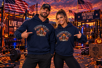 Patriot Fit Life Halloween Hoodie - Skull Crossed Flags & Pumpkins | Warrior Edition | Unisex S-5XL