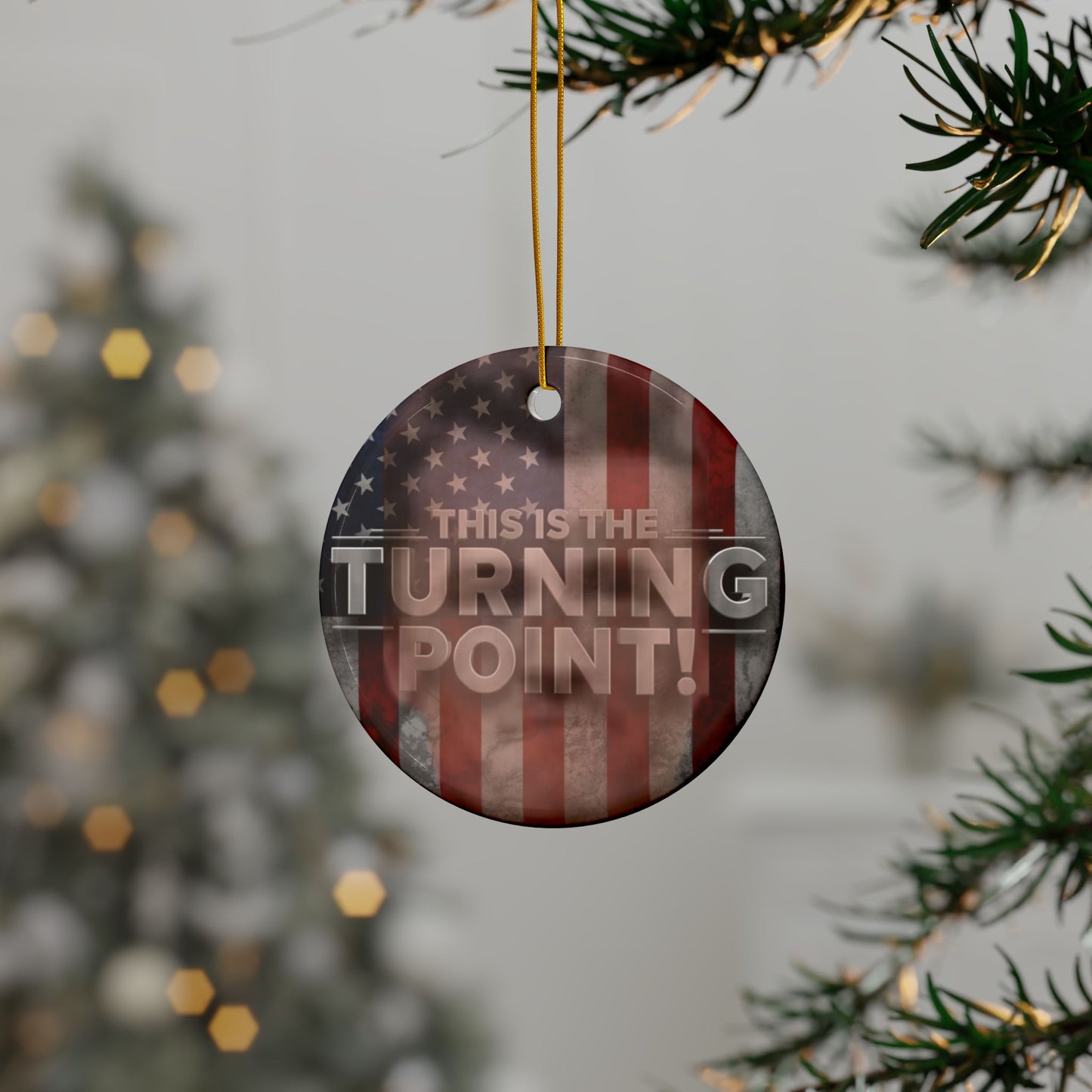 Patriotic Ceramic Ornaments - Charlie Kirk Inspired - This Is The Turning Point! - American Flag Backdrop