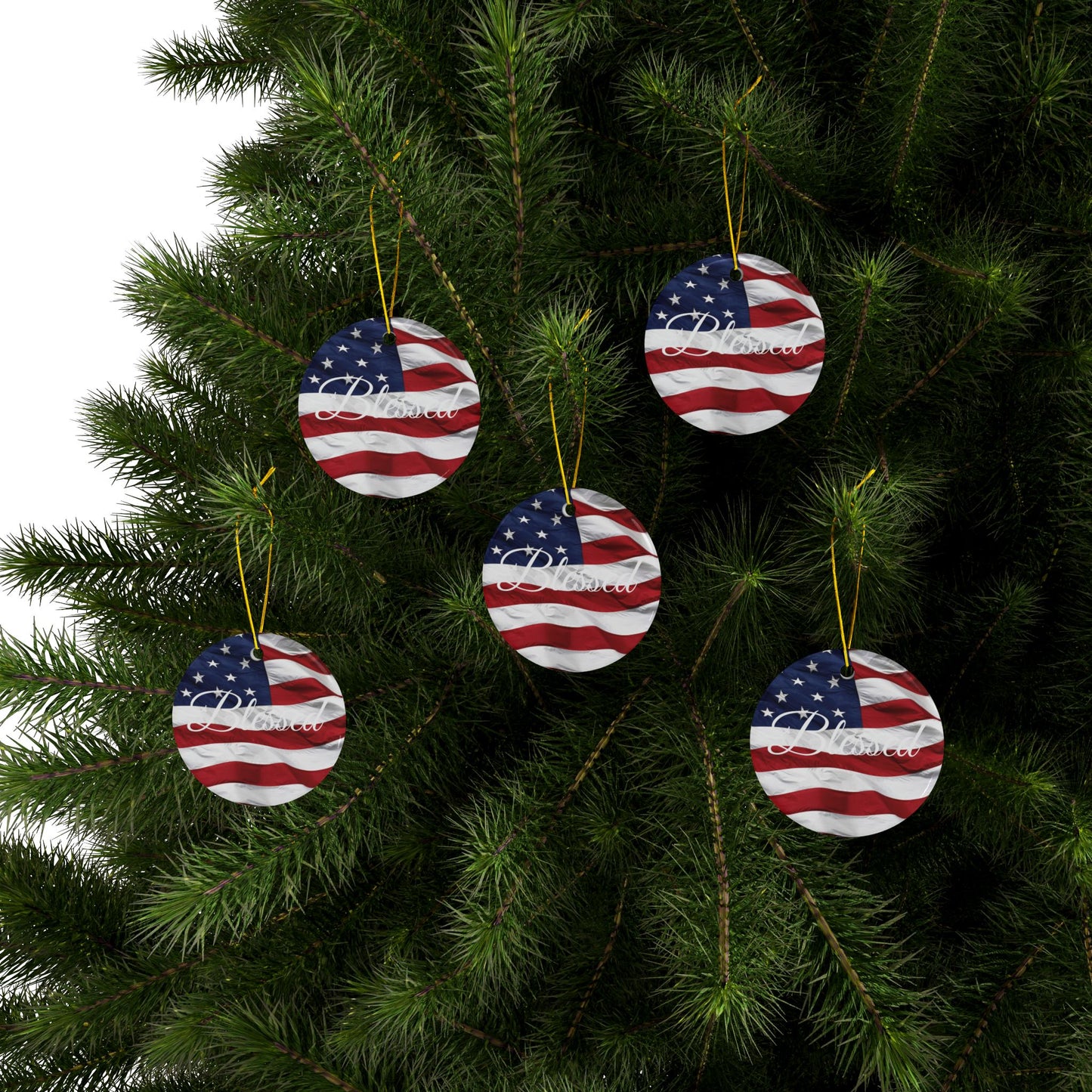 Ceramic Ornaments - White Blessed Print - American Flag Backdrop - Red White & Blue Design (1-10pcs)