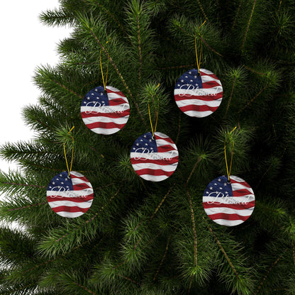 Ceramic Ornaments - White Blessed Print - American Flag Backdrop - Red White & Blue Design (1-10pcs)